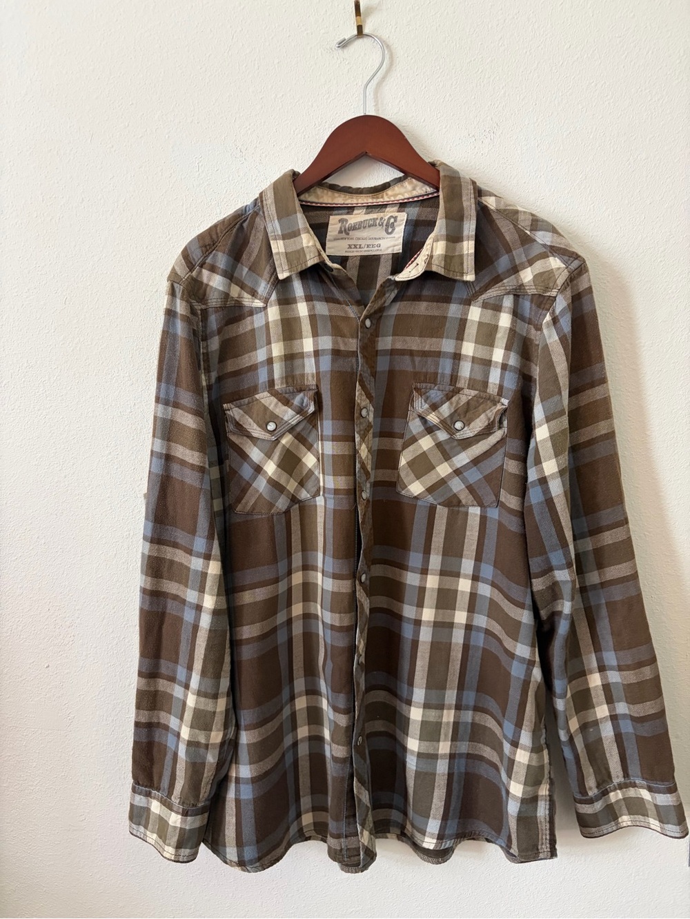 Vintage Roebuck & Co Western Pearl Snap Plaid Flannel Shirt XXL Brown Blue Cream